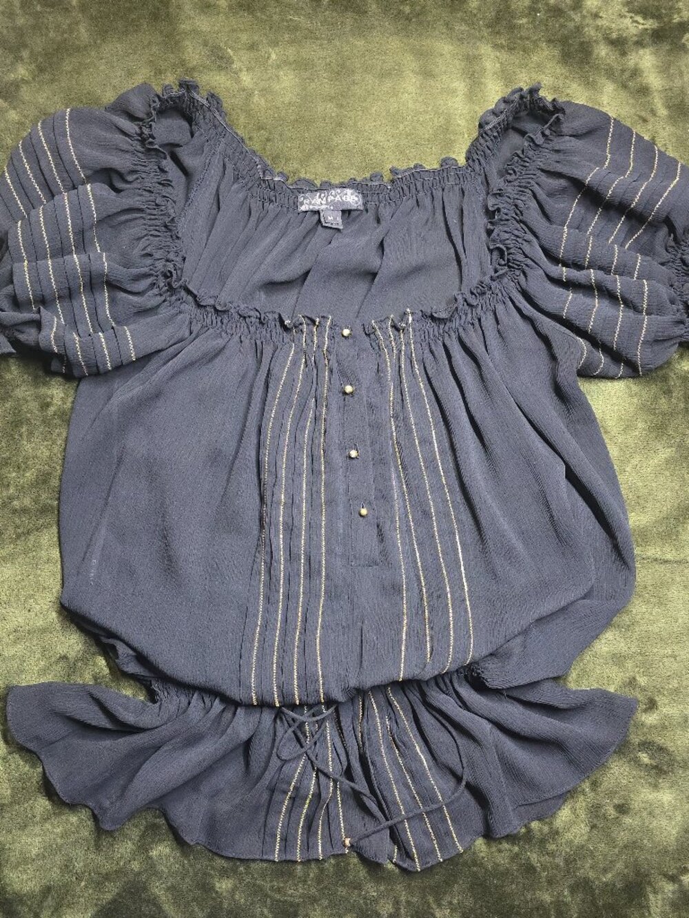 Rampage Off the Shoulder Pirate Blouse Navy Gold Metallic Stripe Boho Top M